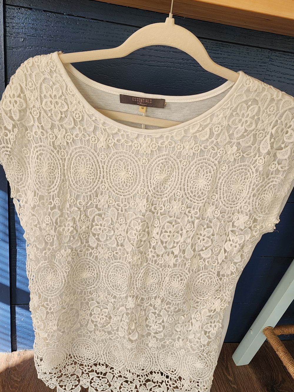 Essentials by Milano Cream Lace Crochet Short Sleeve Tunic